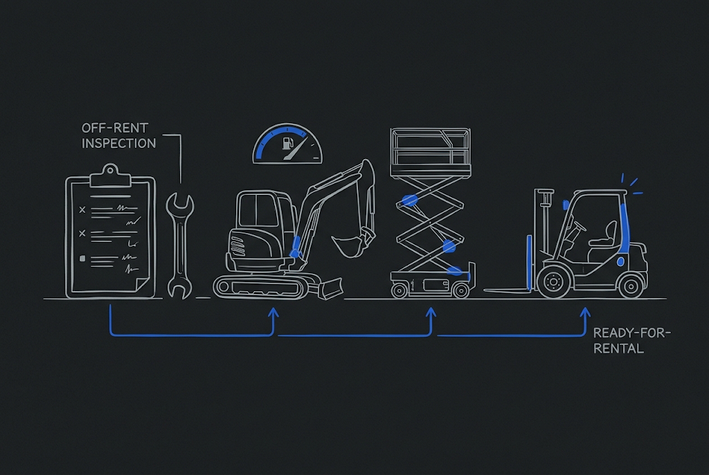 Hand-drawn equipment rental fleet inspection and turnaround workflow